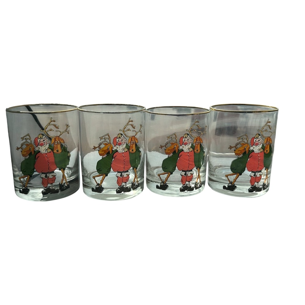 Vintage Balfour Christmas Santa Reindeer Rocks Glasses Gold Rim Set of 4